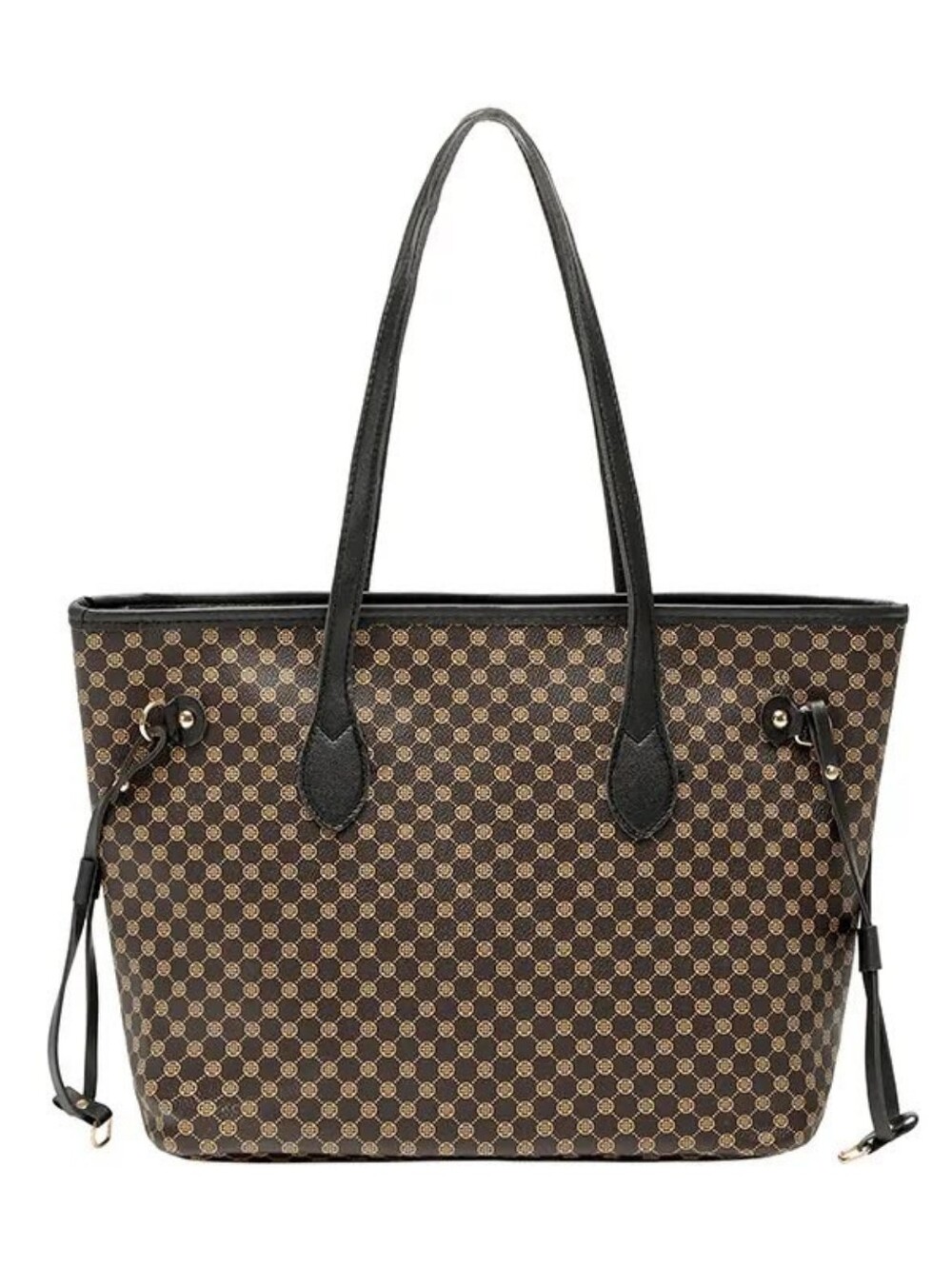 Brown Patterned Tote Bag with Black Handles